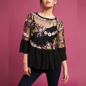 Anthropologie Black Sheer Floral Embroidered Peplum Blouse